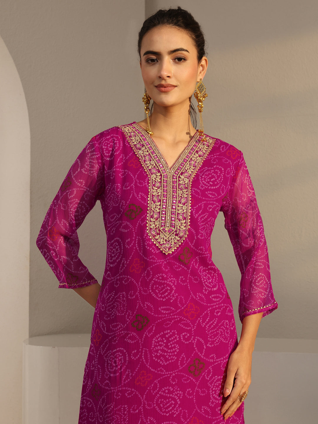  Pink Bandhani Printed Chiffon Straight Kurta 