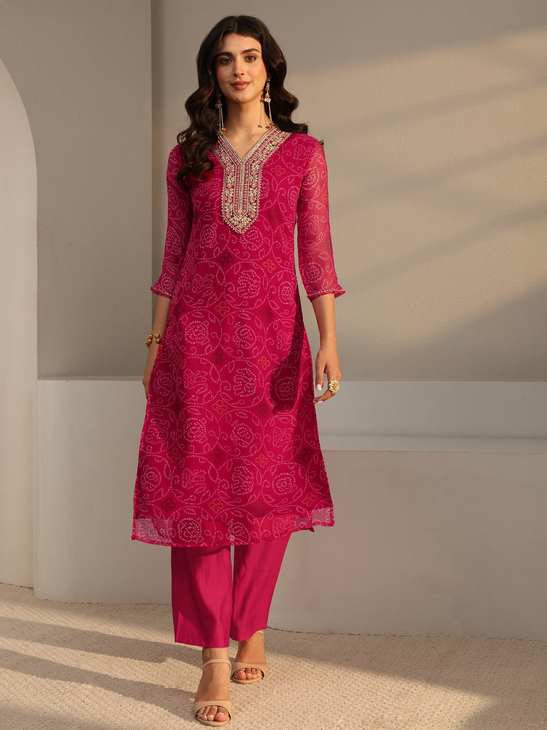  Pink Bandhani Printed Chiffon Straight Kurta 