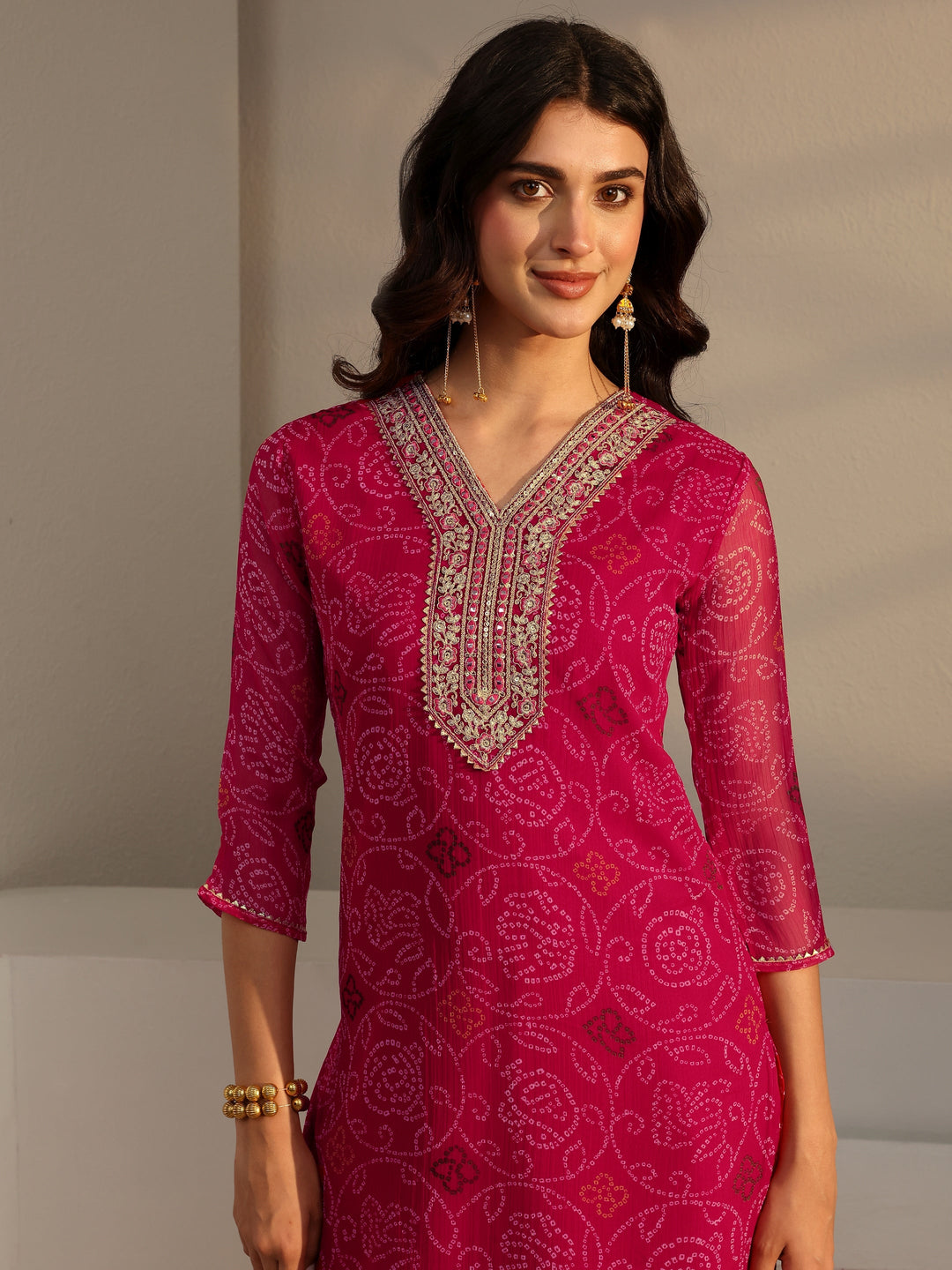  Pink Bandhani Printed Chiffon Straight Kurta 