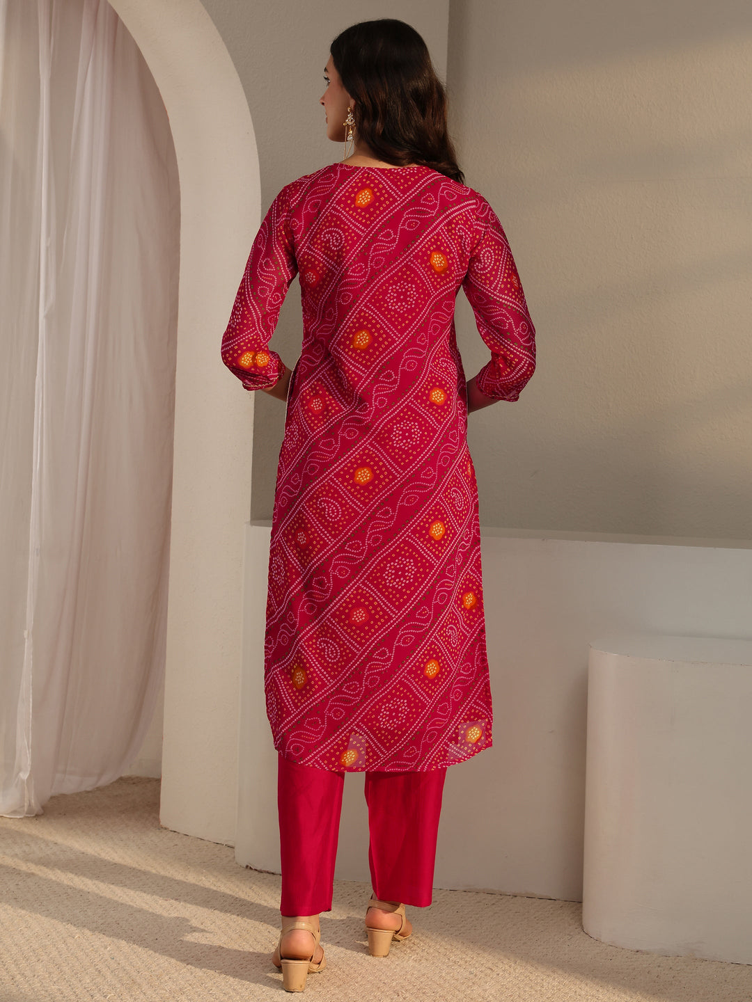  Pink Bandhani Printed Chiffon Straight Kurta 