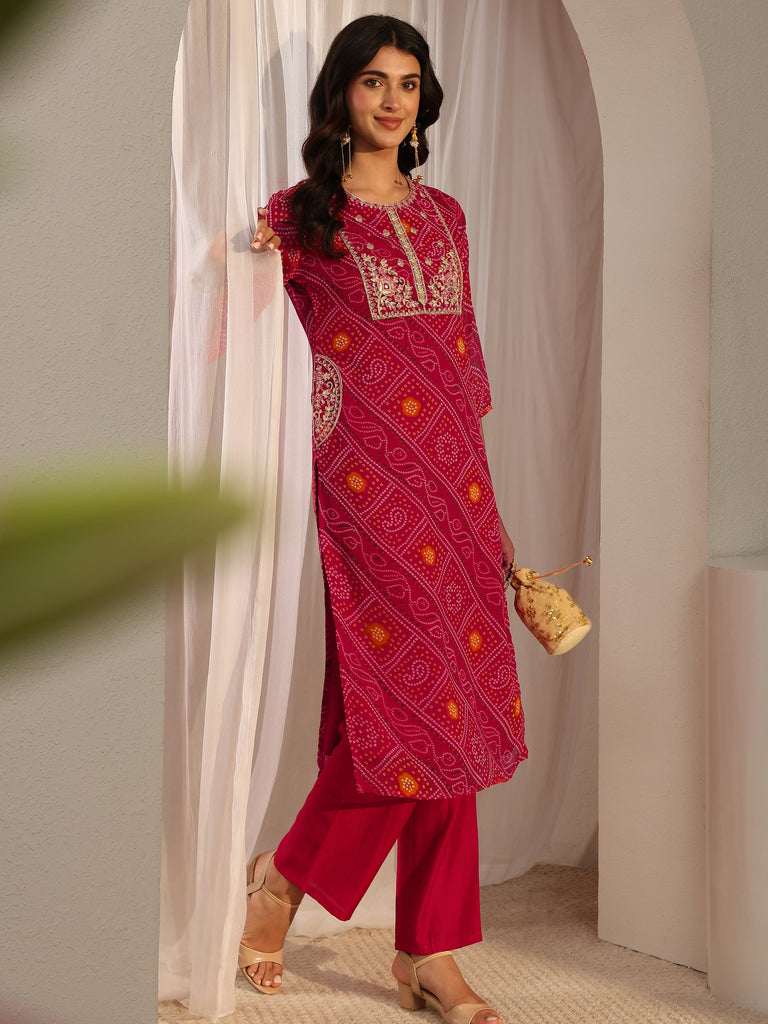 Libas Pink Bandhani Printed Chiffon Straight Kurta