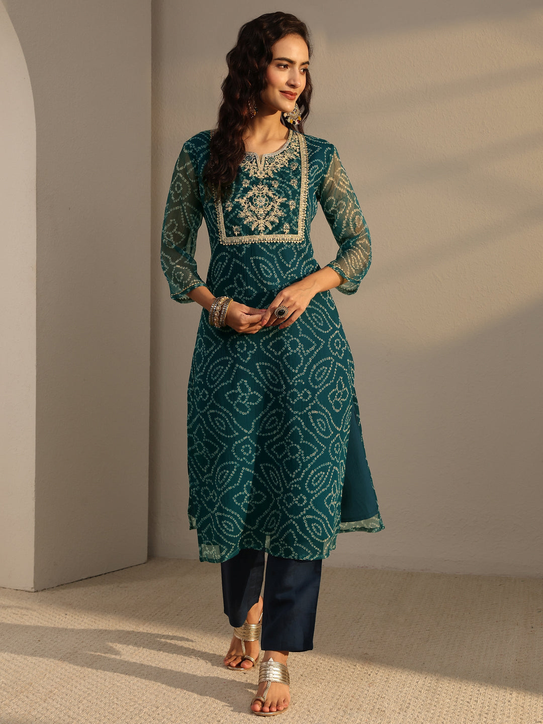  Blue Bandhani Printed Chiffon Straight Kurta 