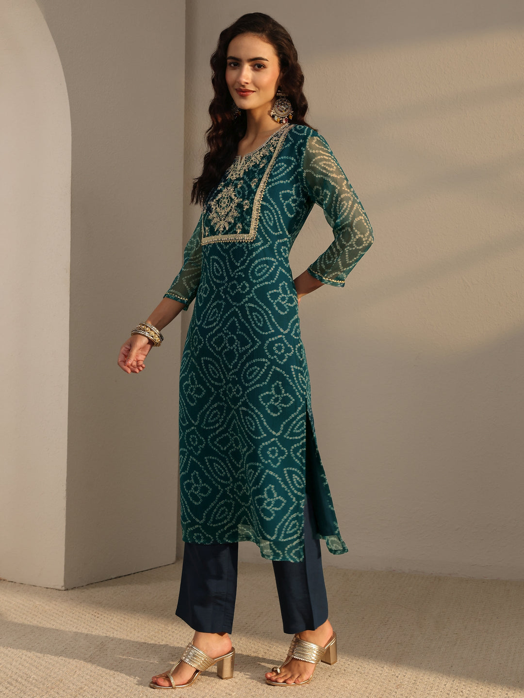  Blue Bandhani Printed Chiffon Straight Kurta 