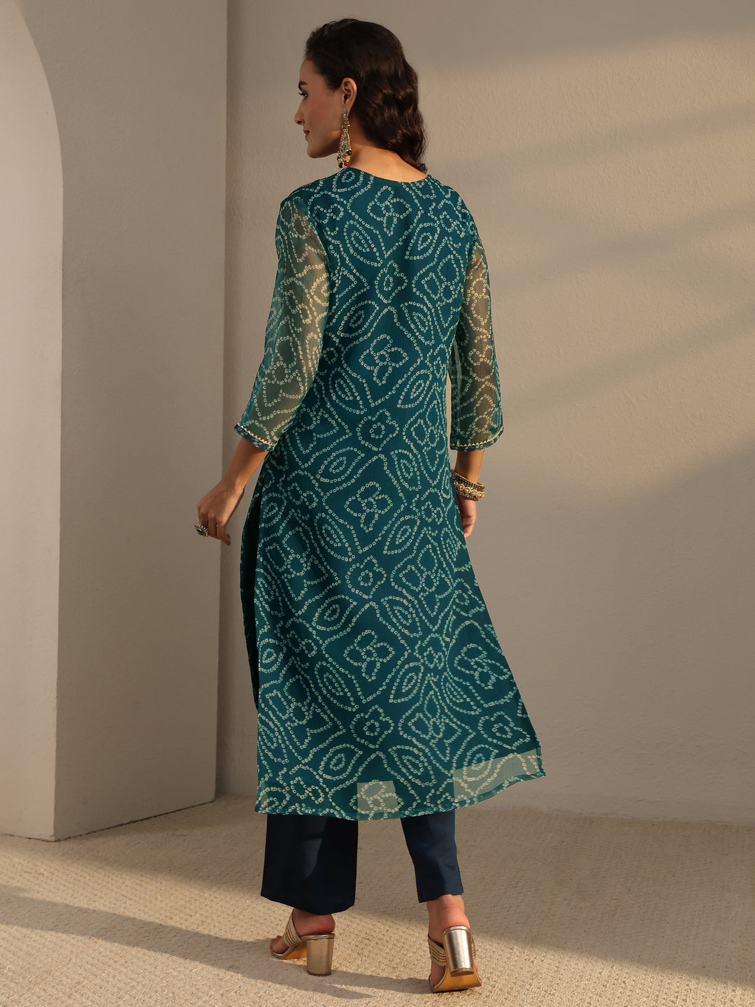  Blue Bandhani Printed Chiffon Straight Kurta 