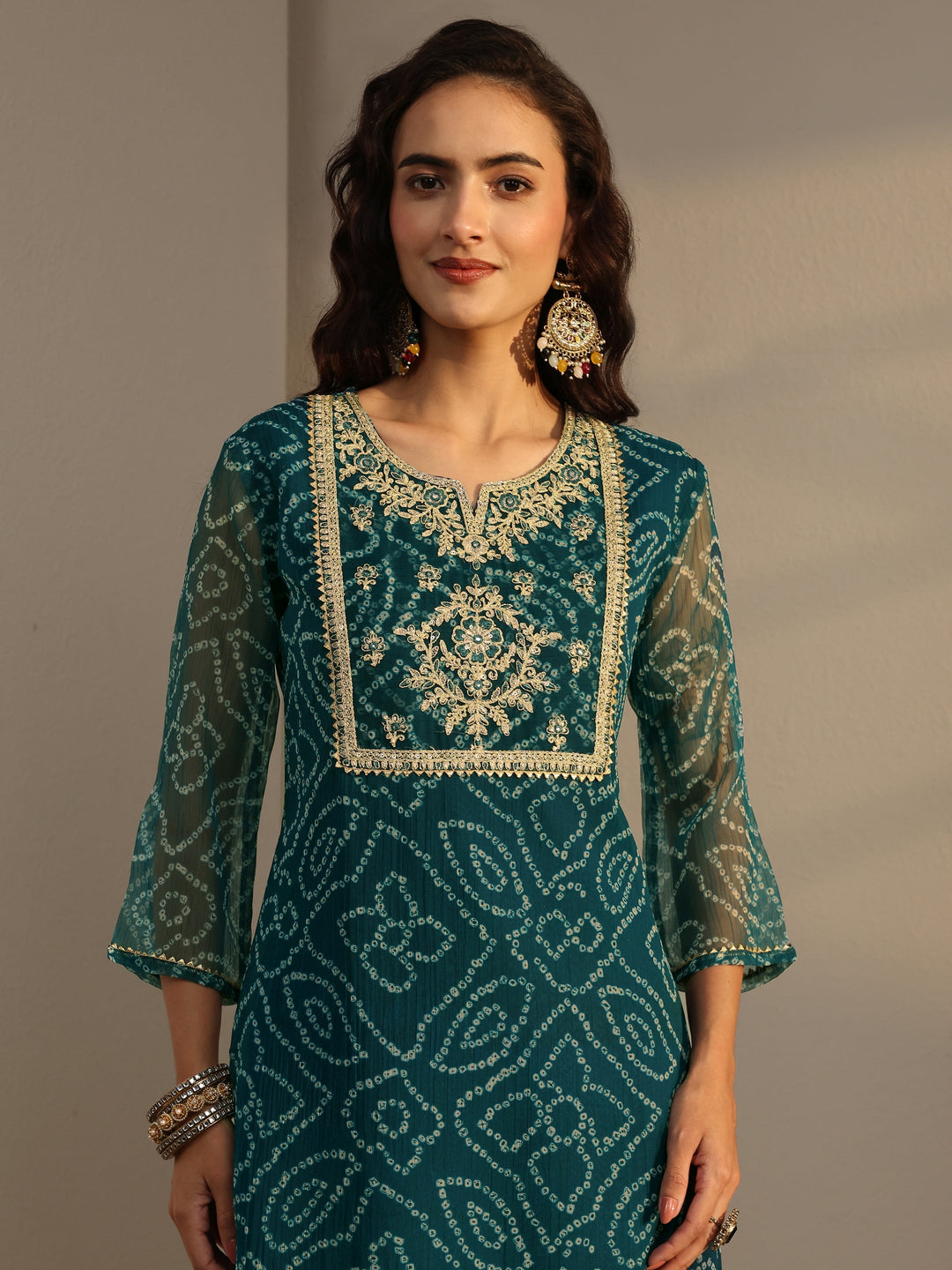 Blue Bandhani Printed Chiffon Straight Kurta 