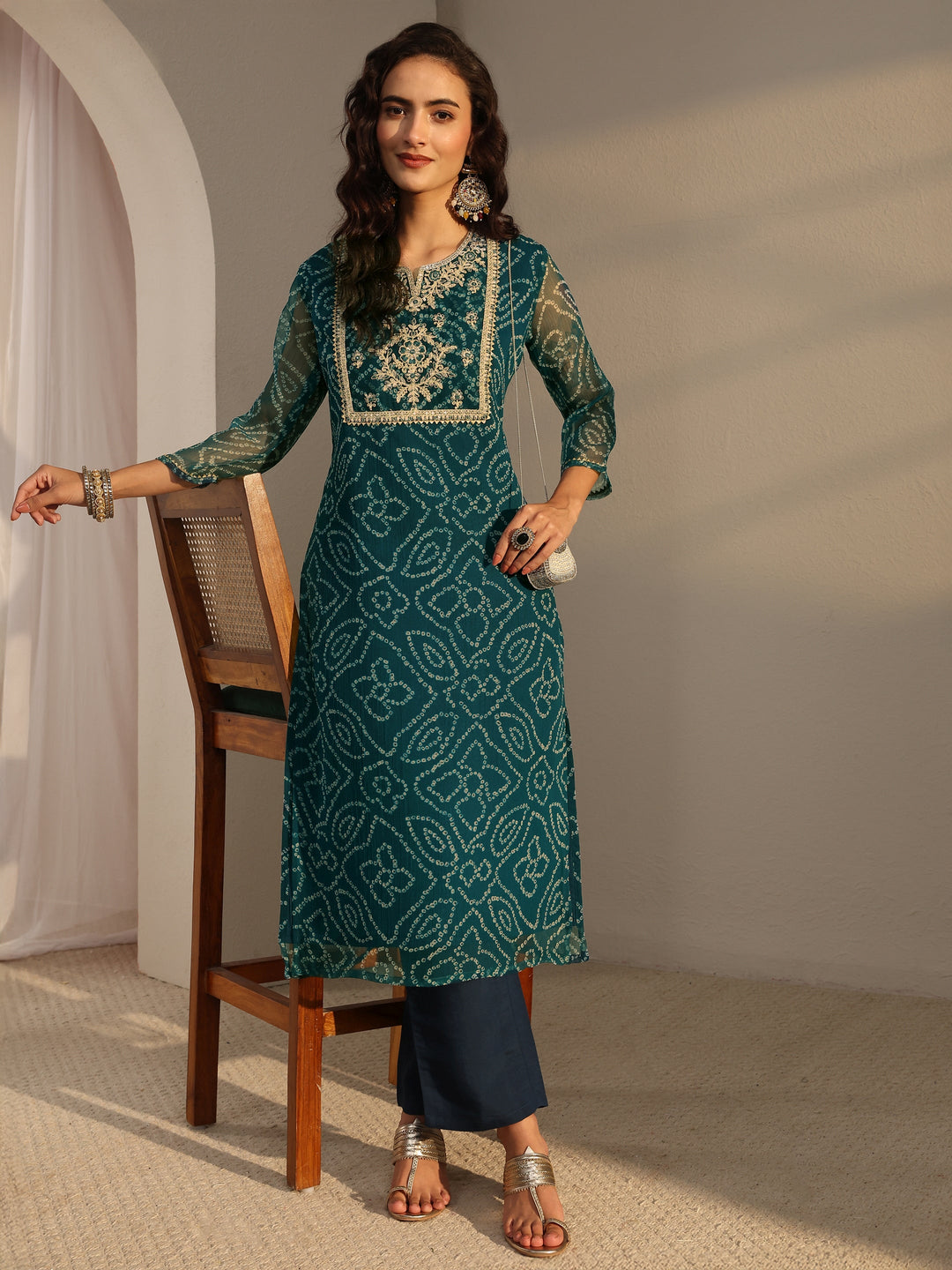  Blue Bandhani Printed Chiffon Straight Kurta 