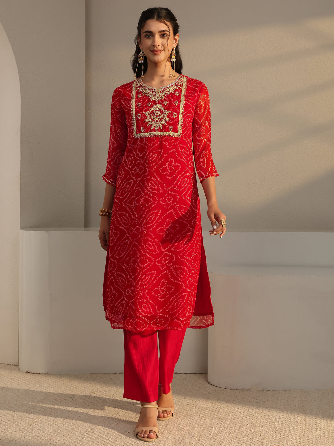  Red Bandhani Printed Chiffon Straight Kurta 