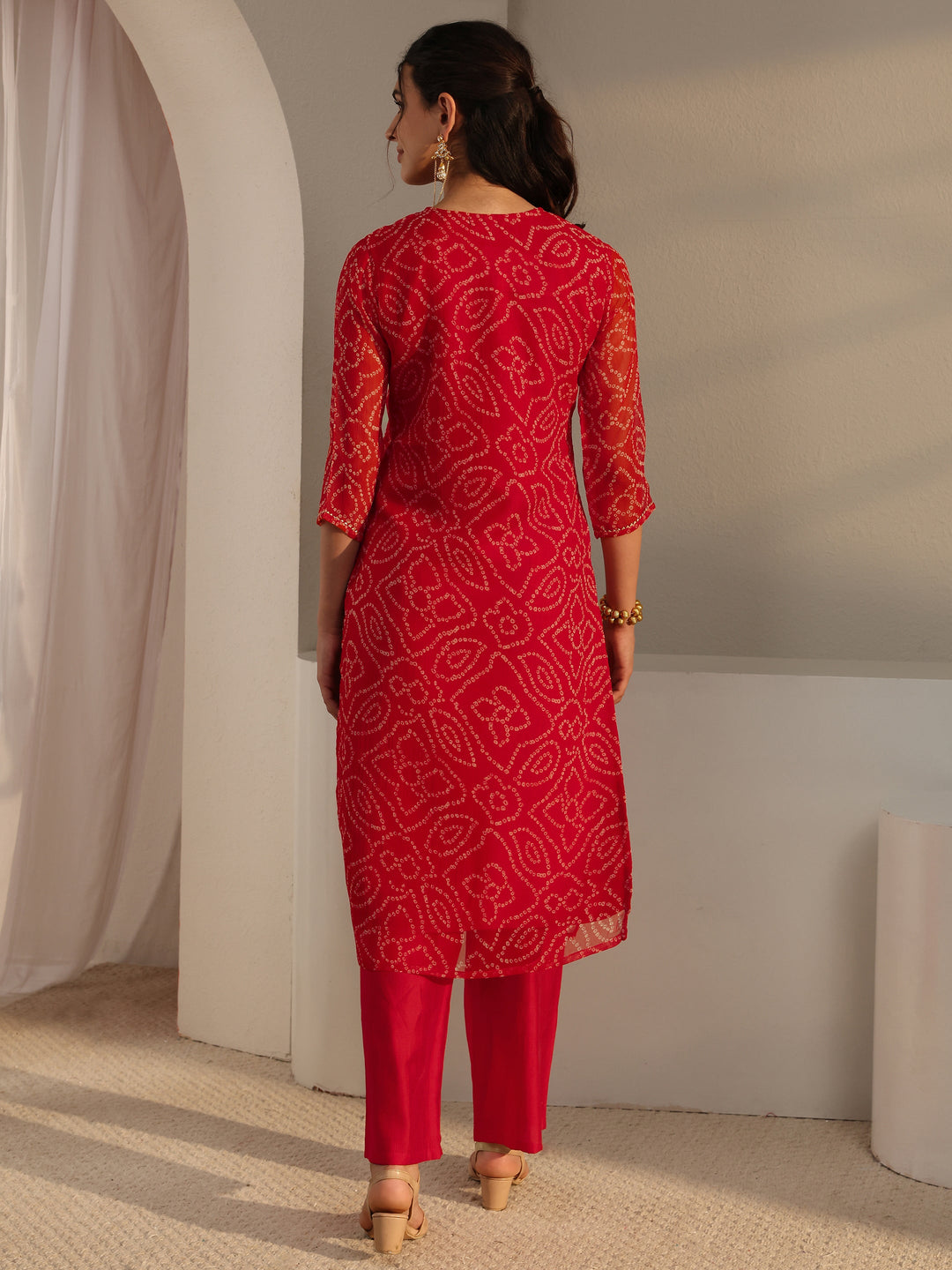  Red Bandhani Printed Chiffon Straight Kurta 