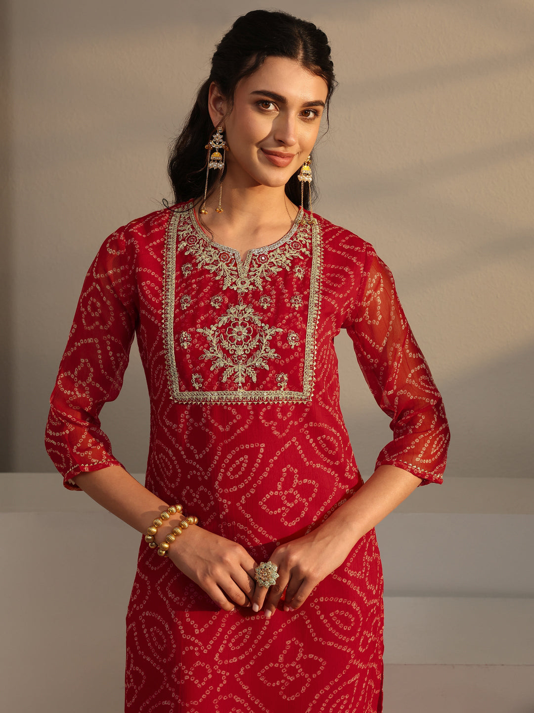  Red Bandhani Printed Chiffon Straight Kurta 