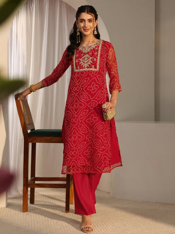 Libas Red Bandhani Printed Chiffon Straight Kurta