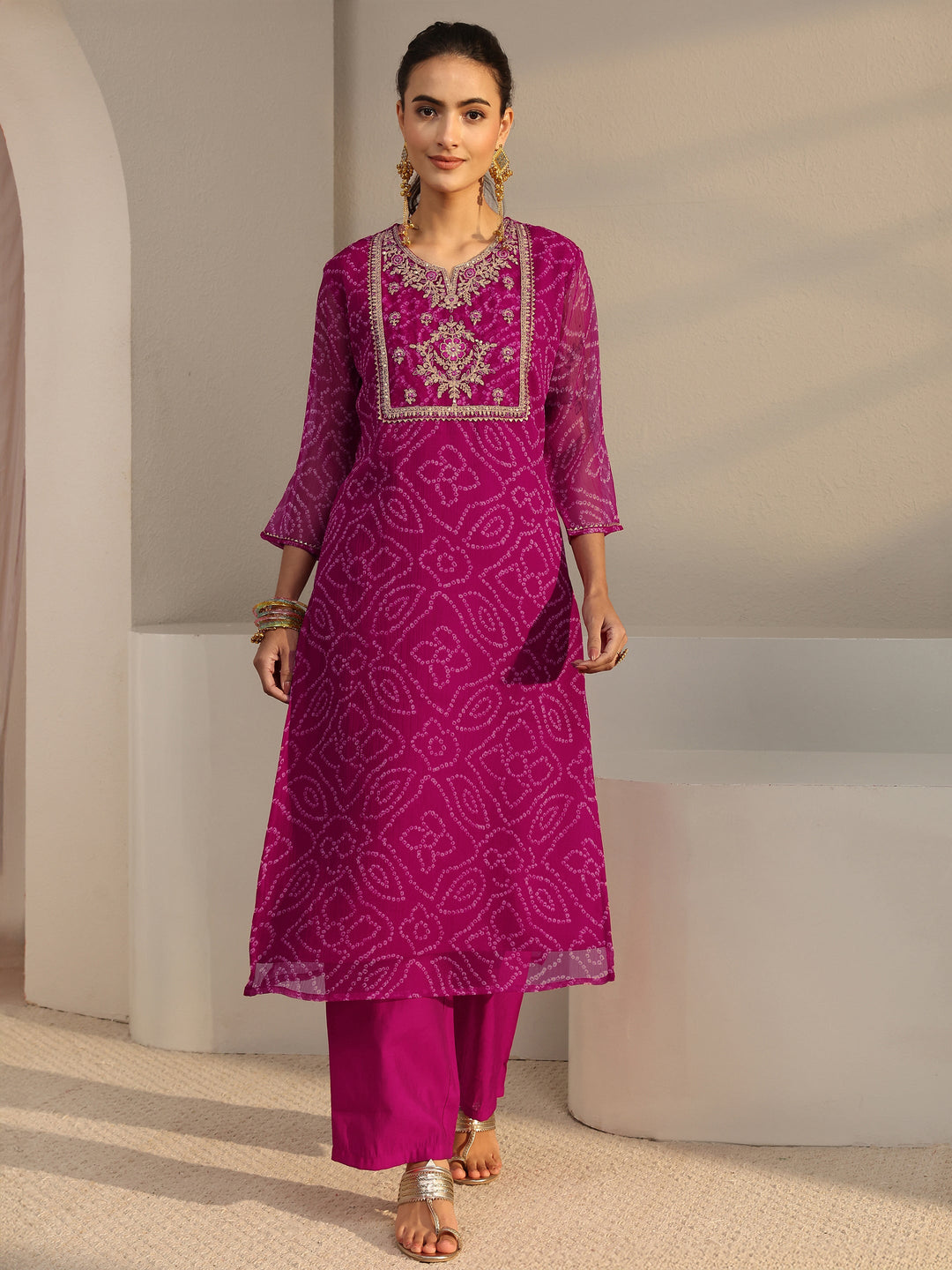  Pink Bandhani Printed Chiffon Straight Kurta 