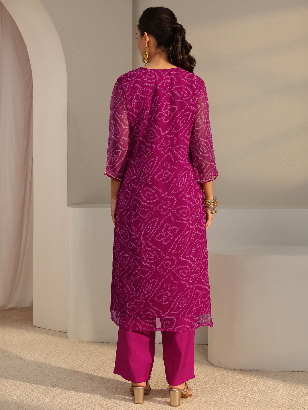  Pink Bandhani Printed Chiffon Straight Kurta 