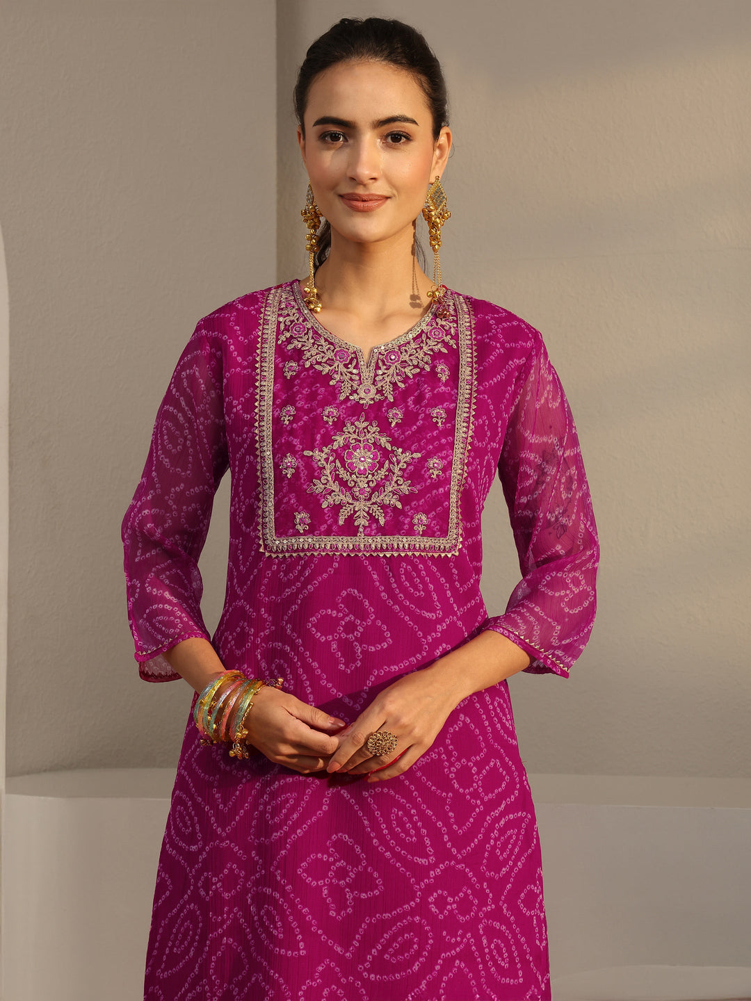  Pink Bandhani Printed Chiffon Straight Kurta 