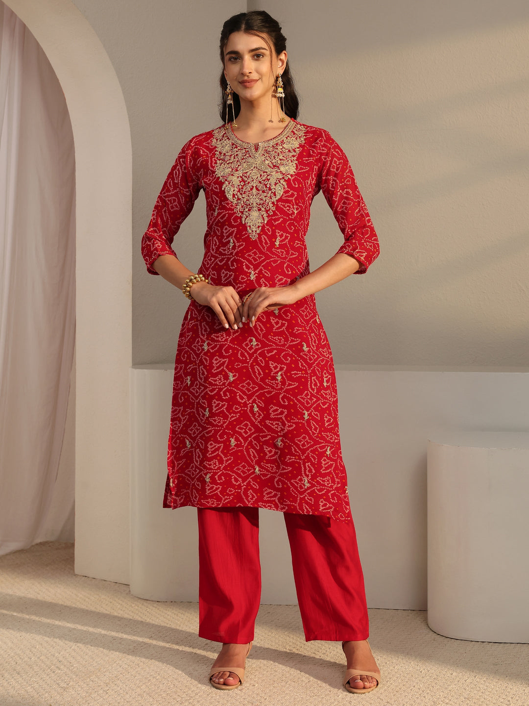  Red Bandhani Printed Chiffon Straight Kurta 