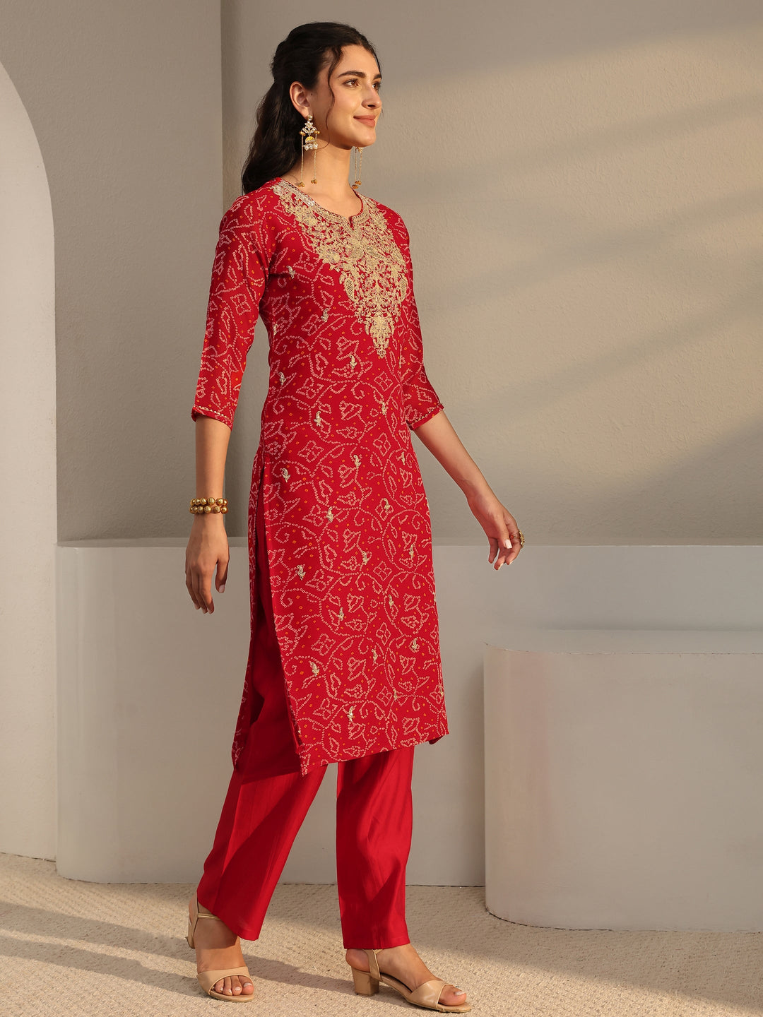  Red Bandhani Printed Chiffon Straight Kurta 