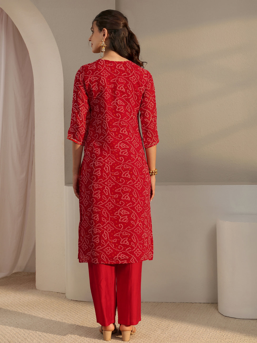  Red Bandhani Printed Chiffon Straight Kurta 