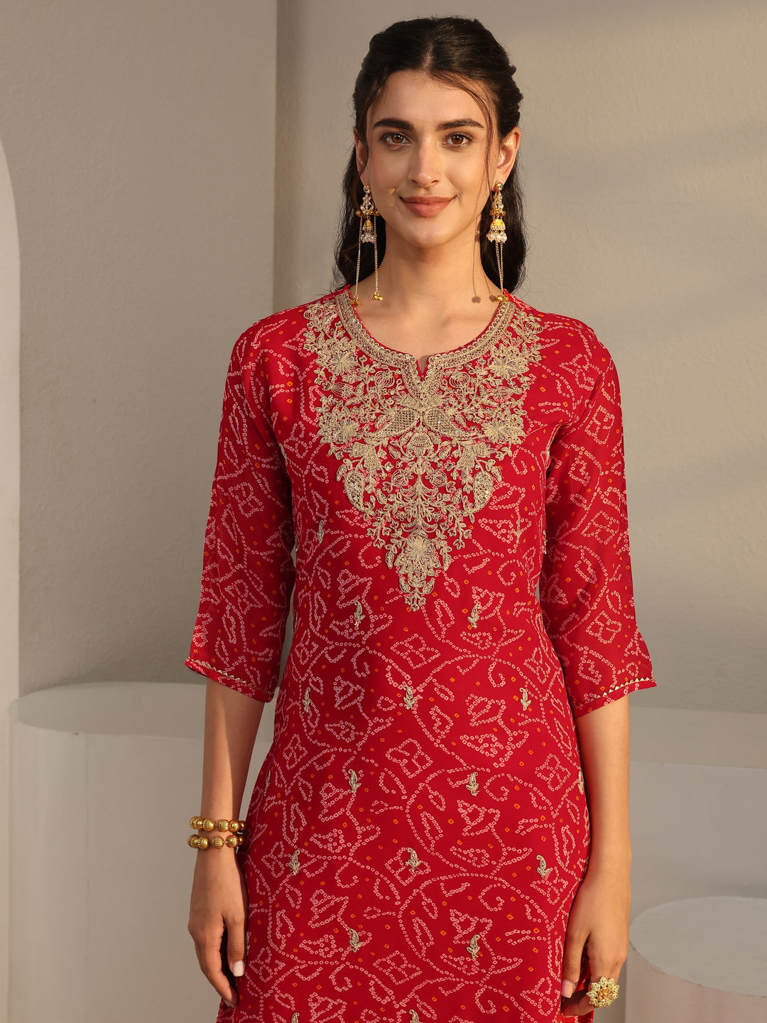  Red Bandhani Printed Chiffon Straight Kurta 