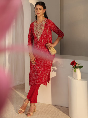Libas Red Bandhani Printed Chiffon Straight Kurta