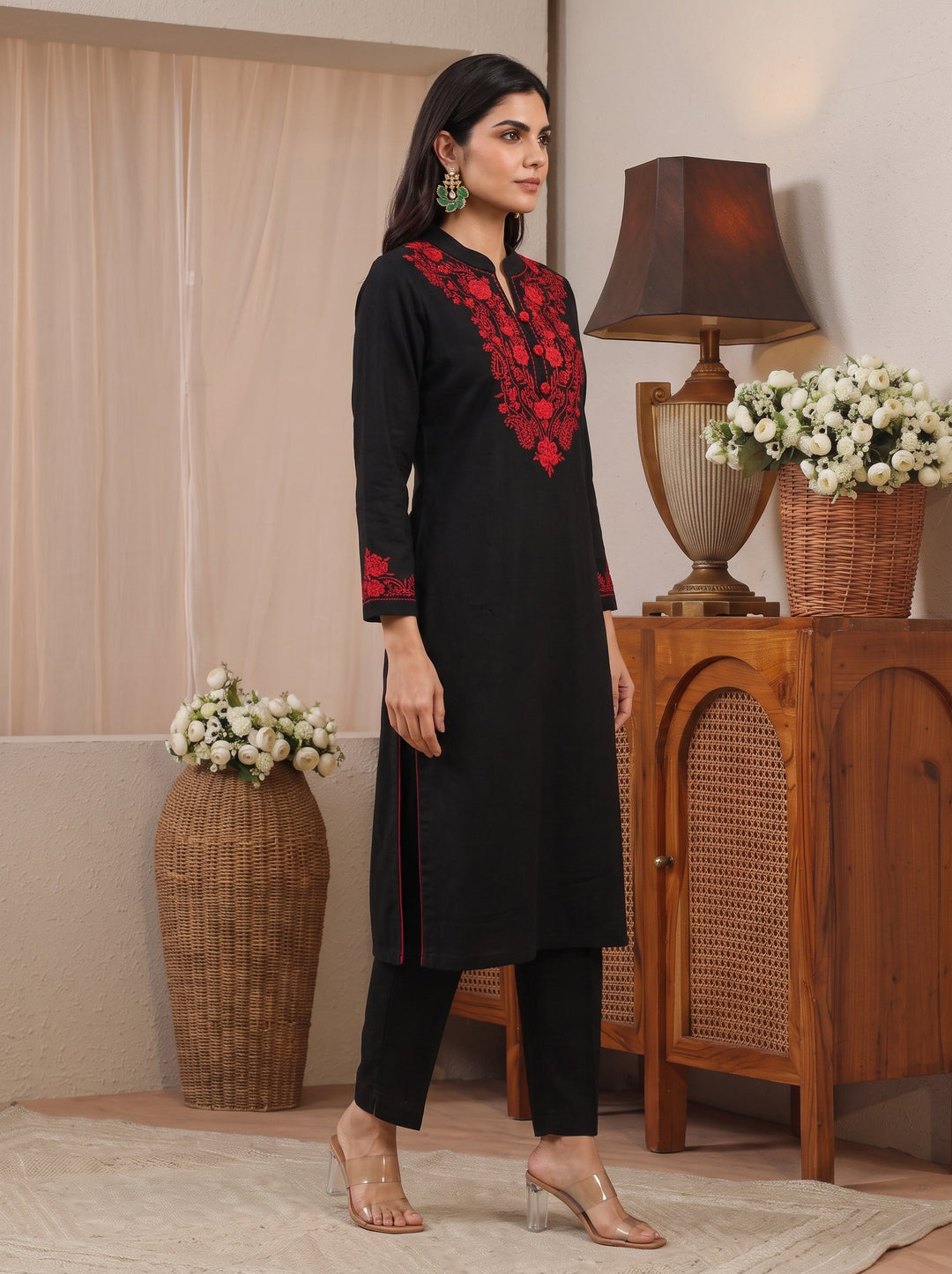  Libas Black Floral Embroidered Straight Kurta 