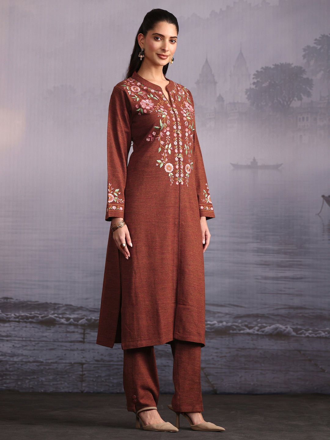  Libas Rust Brown Floral Embroidered Woolen Straight Kurta 