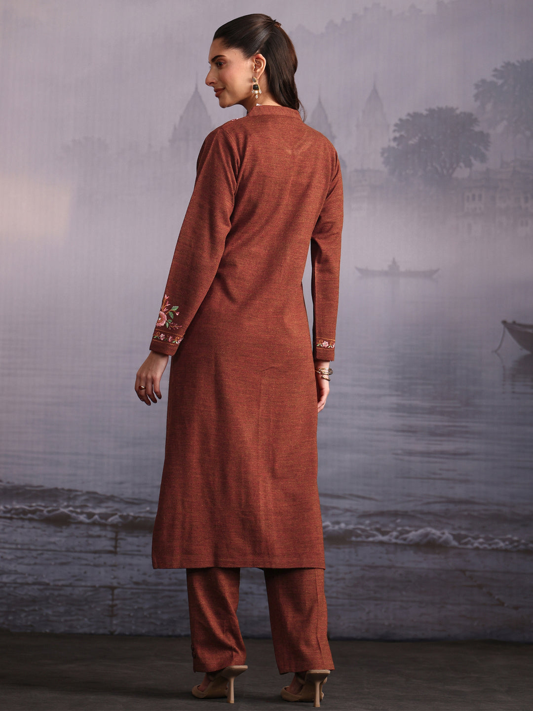  Libas Rust Brown Floral Embroidered Woolen Straight Kurta 