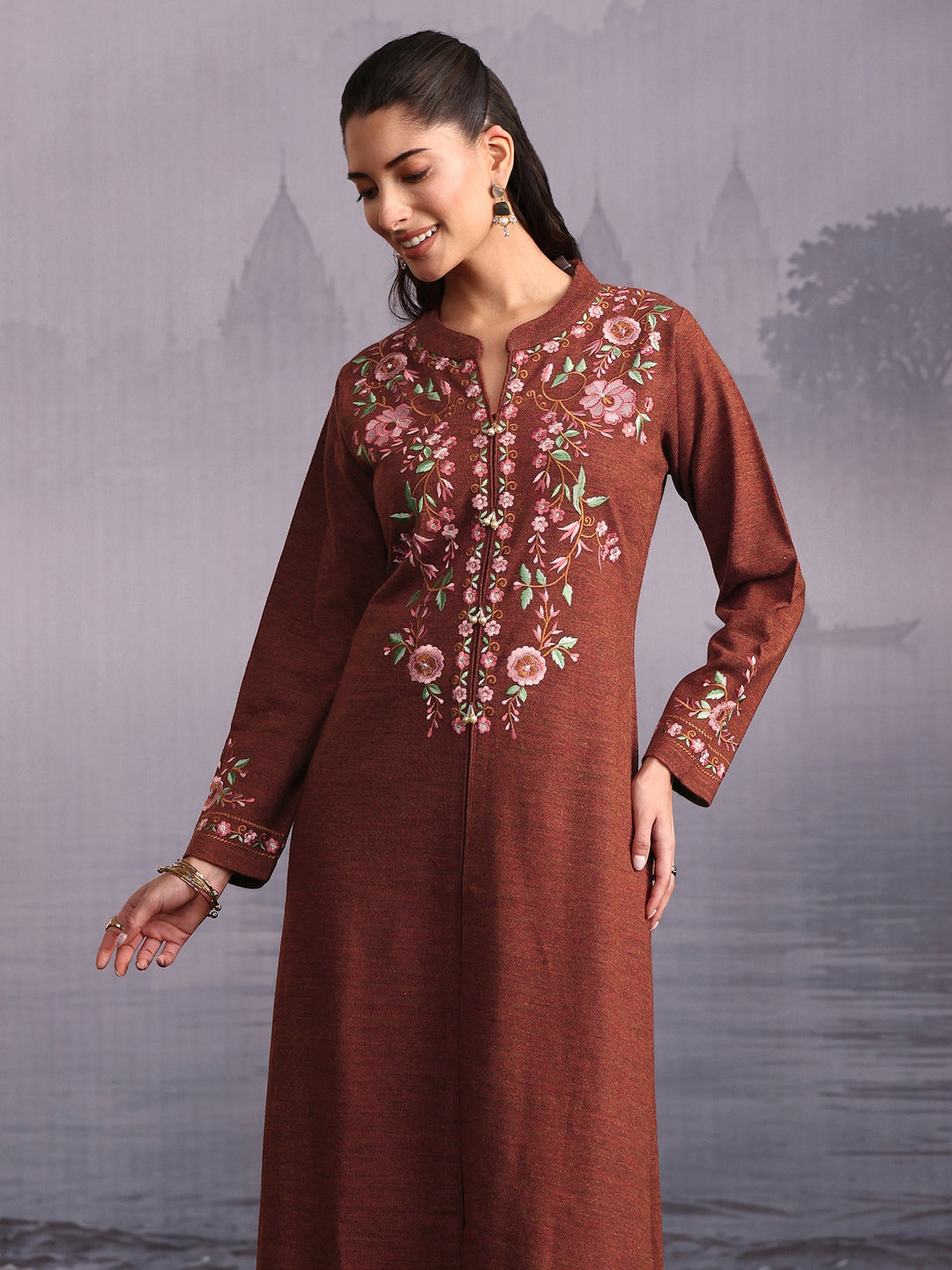  Libas Rust Brown Floral Embroidered Woolen Straight Kurta 