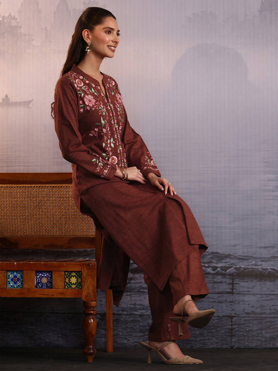  Libas Rust Brown Floral Embroidered Woolen Straight Kurta 