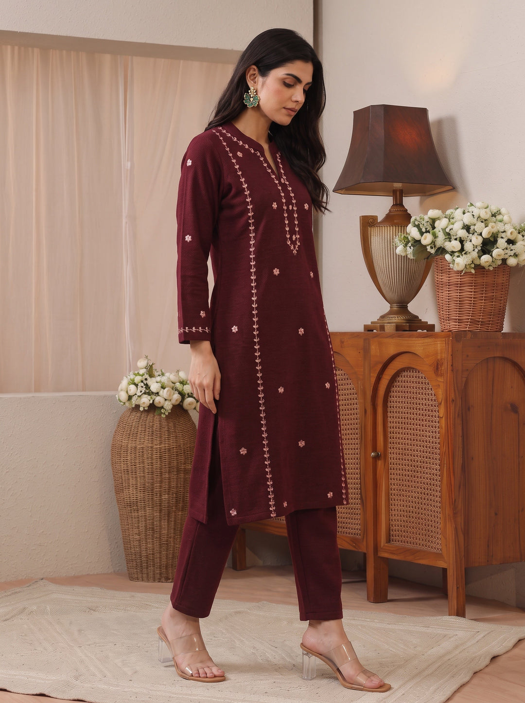  Libas Maroon Floral Embroidered Wool Straight Kurta 