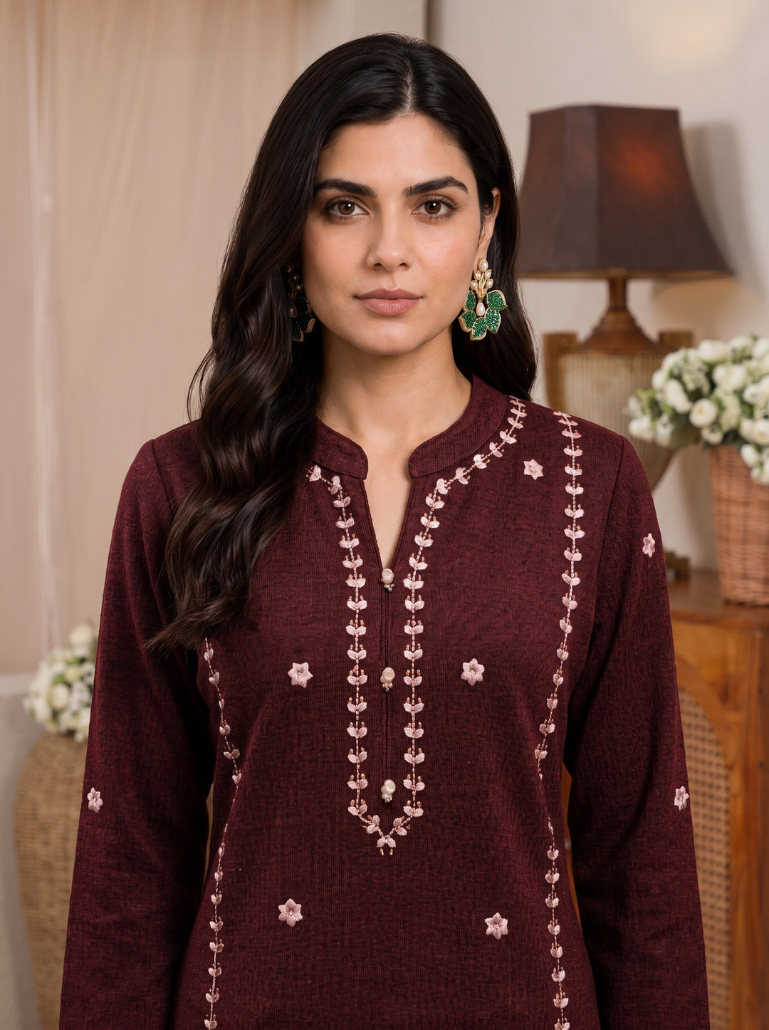  Libas Maroon Floral Embroidered Wool Straight Kurta 