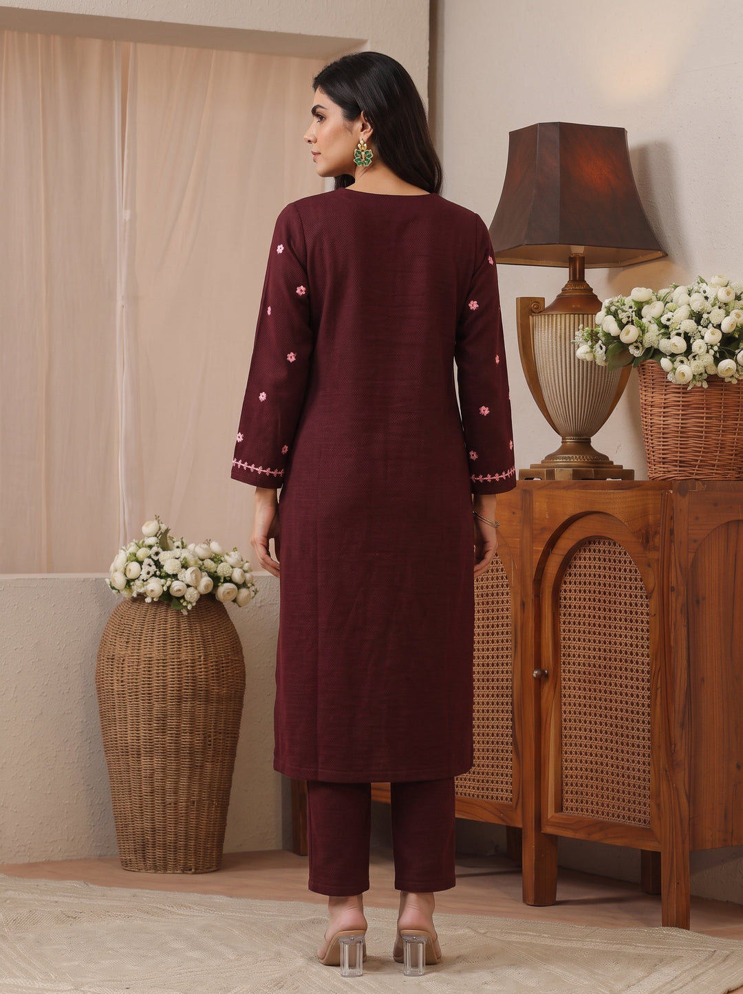  Libas Maroon Floral Embroidered Wool Straight Kurta 