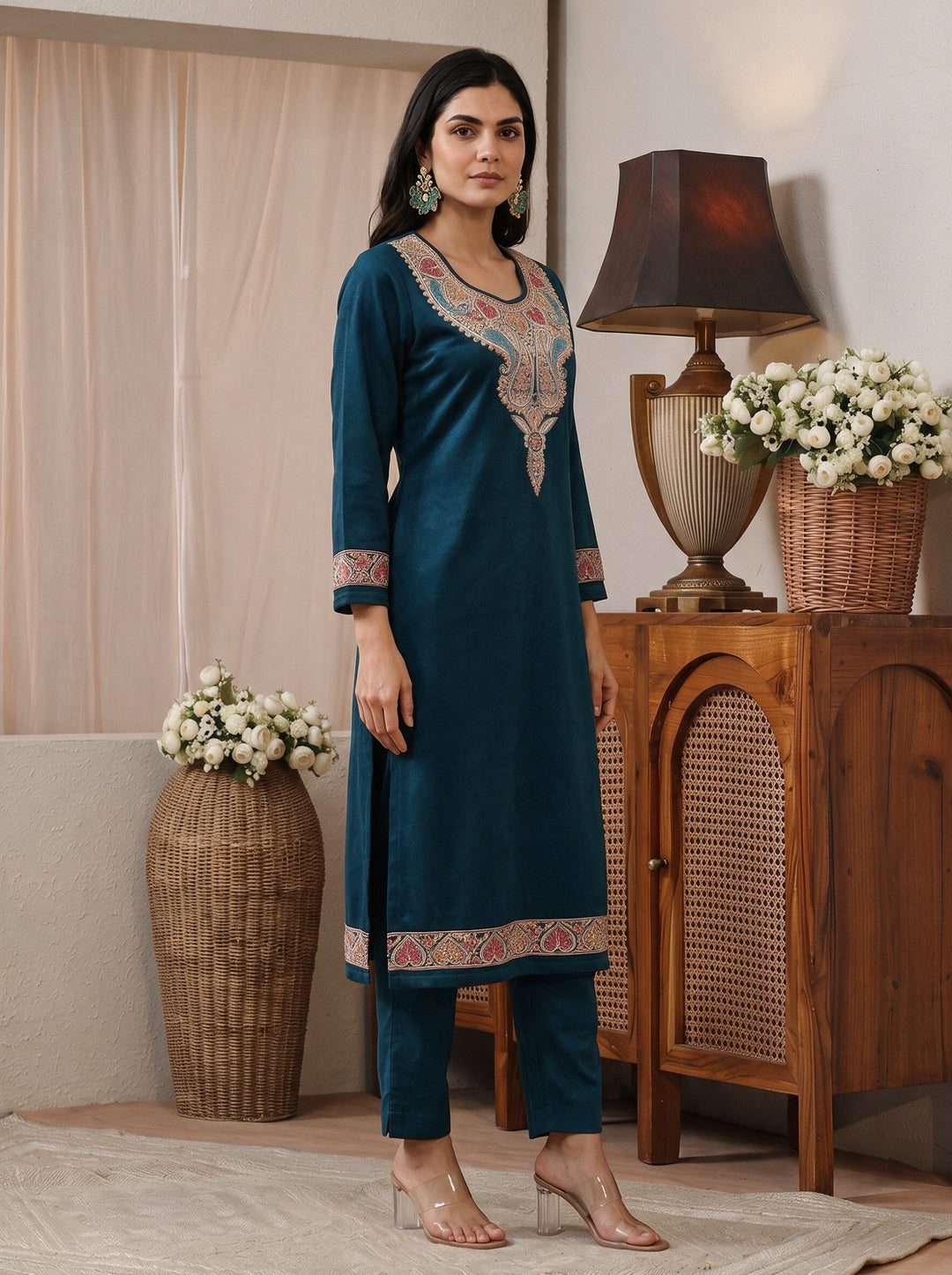  Libas Teal Floral yoke Embroidered Straight Kurta 