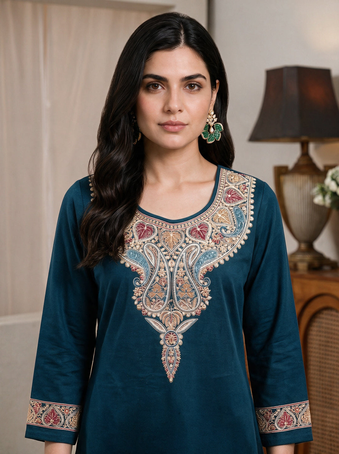  Libas Teal Floral yoke Embroidered Straight Kurta 
