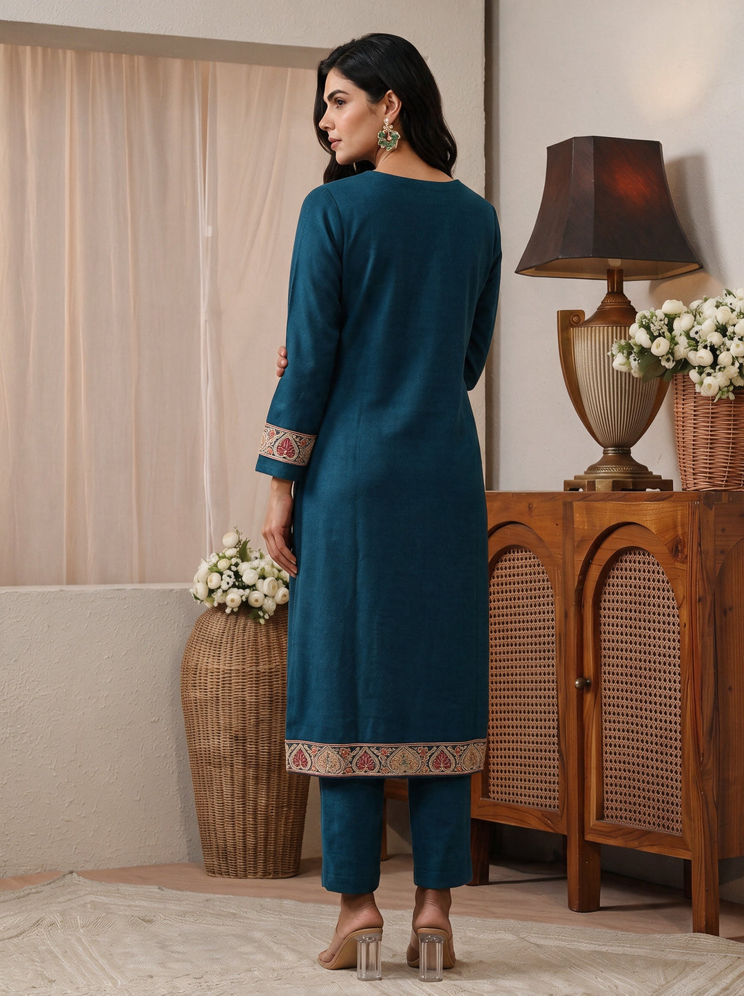  Libas Teal Floral yoke Embroidered Straight Kurta 