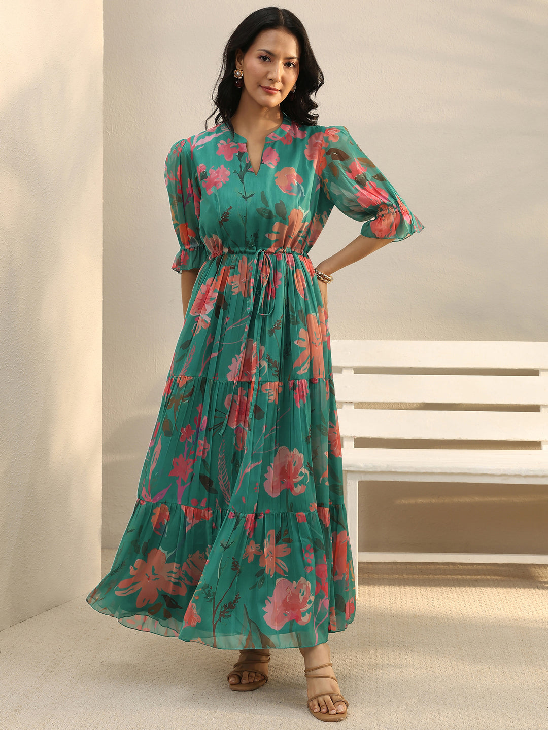  Green Floral Printed Chiffon Tiered One Piece Dress 