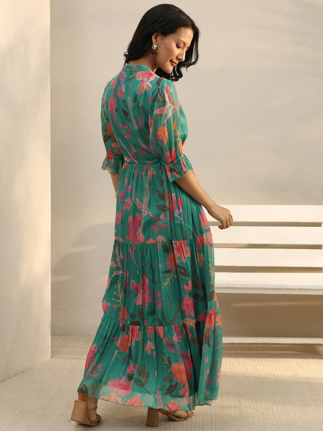  Green Floral Printed Chiffon Tiered One Piece Dress 