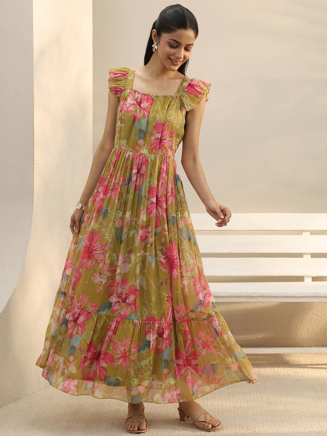  Green Floral Printed Chiffon Ruffle Sleeve Drop Waist Dress 