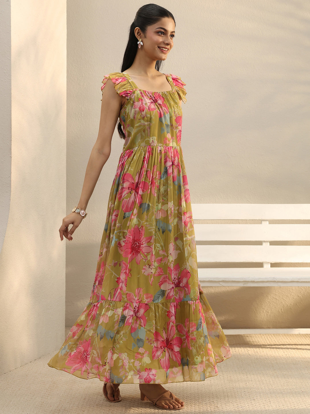  Green Floral Printed Chiffon Ruffle Sleeve Drop Waist Dress 