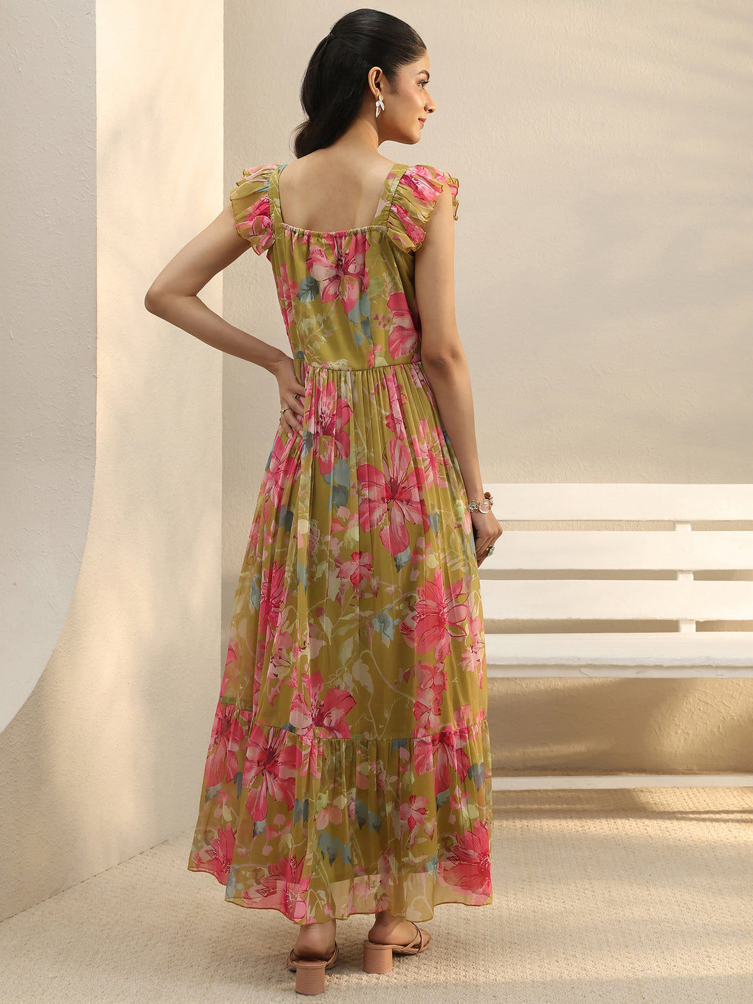  Green Floral Printed Chiffon Ruffle Sleeve Drop Waist Dress 