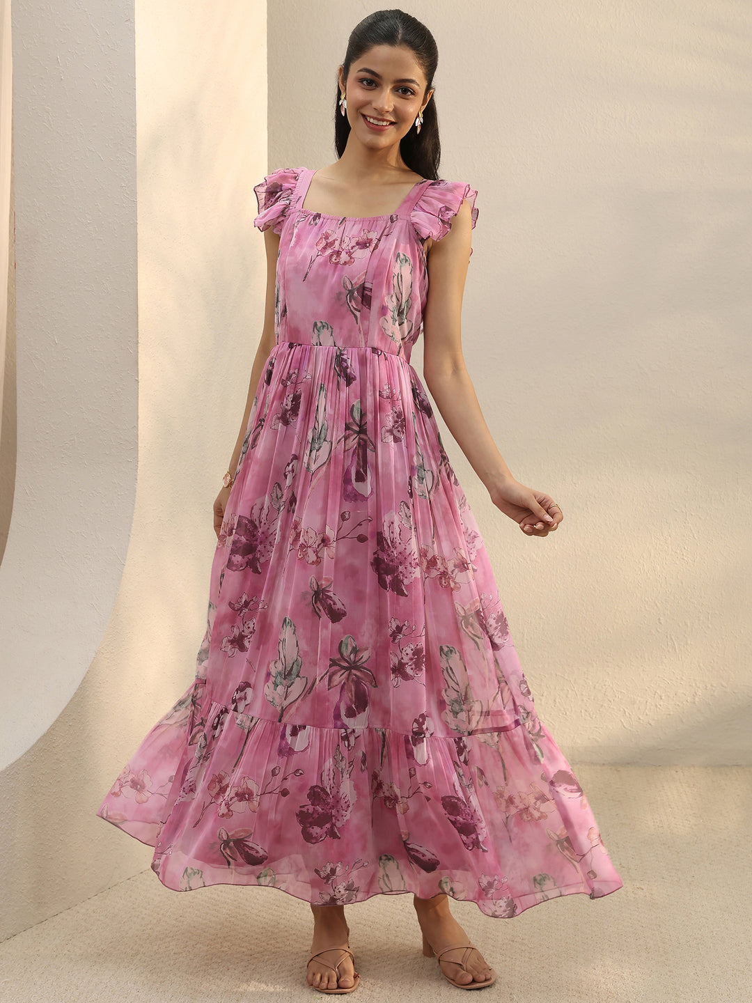  Pink Floral Printed Chiffon Ruffle Sleeve Drop Waist Dress 