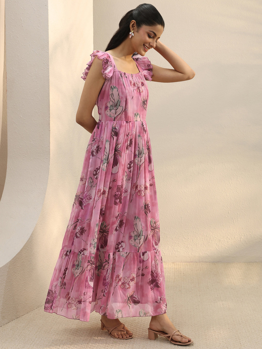  Pink Floral Printed Chiffon Ruffle Sleeve Drop Waist Dress 