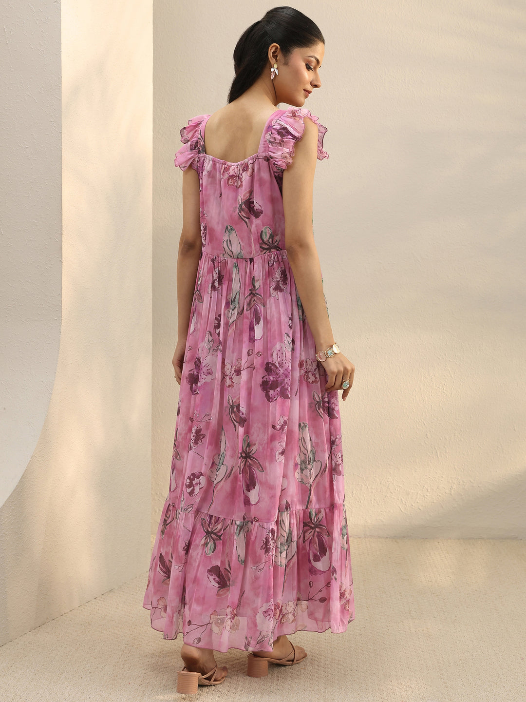  Pink Floral Printed Chiffon Ruffle Sleeve Drop Waist Dress 