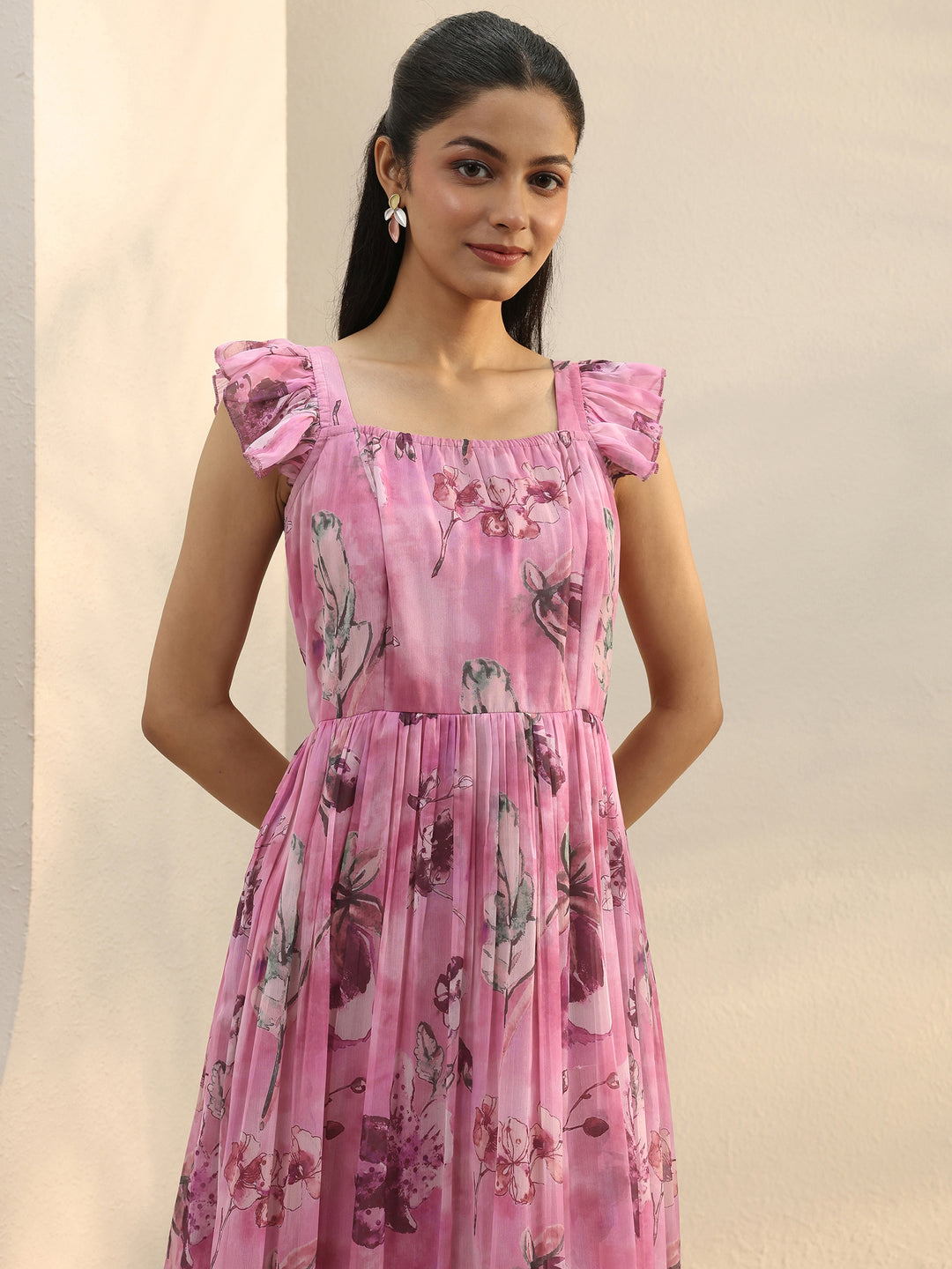  Pink Floral Printed Chiffon Ruffle Sleeve Drop Waist Dress 