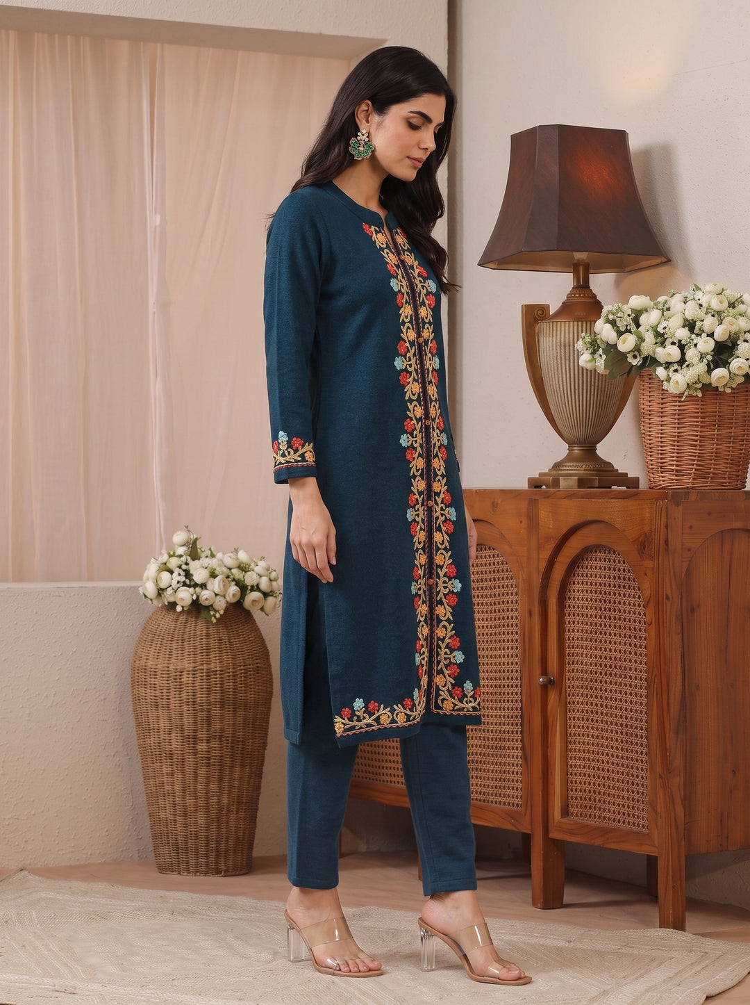  Libas Deep Teal Blue Floral Embroidered Wool Straight Kurta 