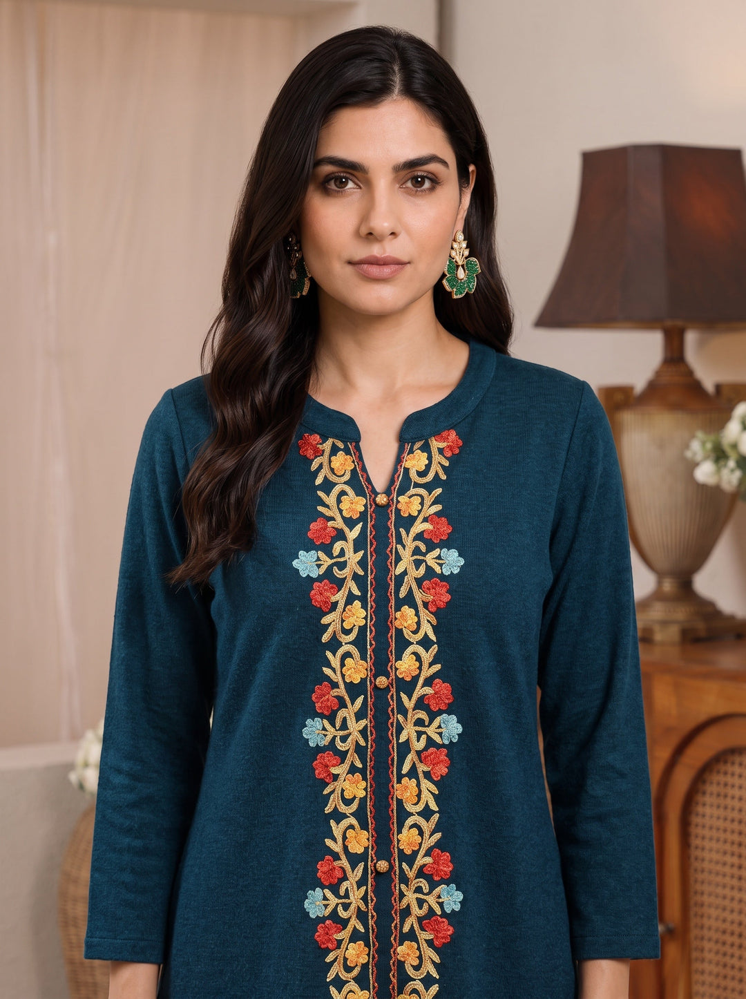  Libas Deep Teal Blue Floral Embroidered Wool Straight Kurta 