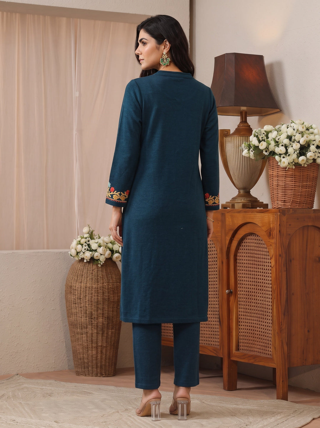  Libas Deep Teal Blue Floral Embroidered Wool Straight Kurta 