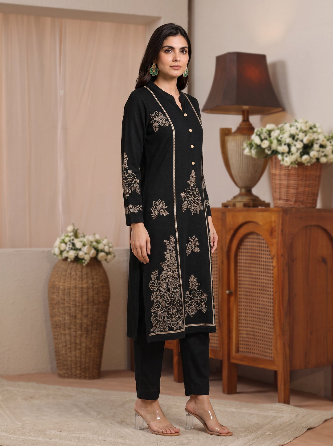  Libas Black Floral Embroidered Wool Straight Kurta 