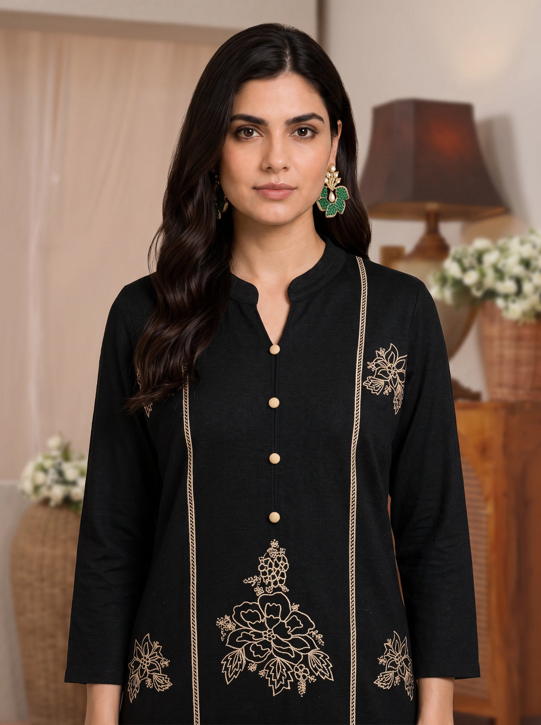  Libas Black Floral Embroidered Wool Straight Kurta 