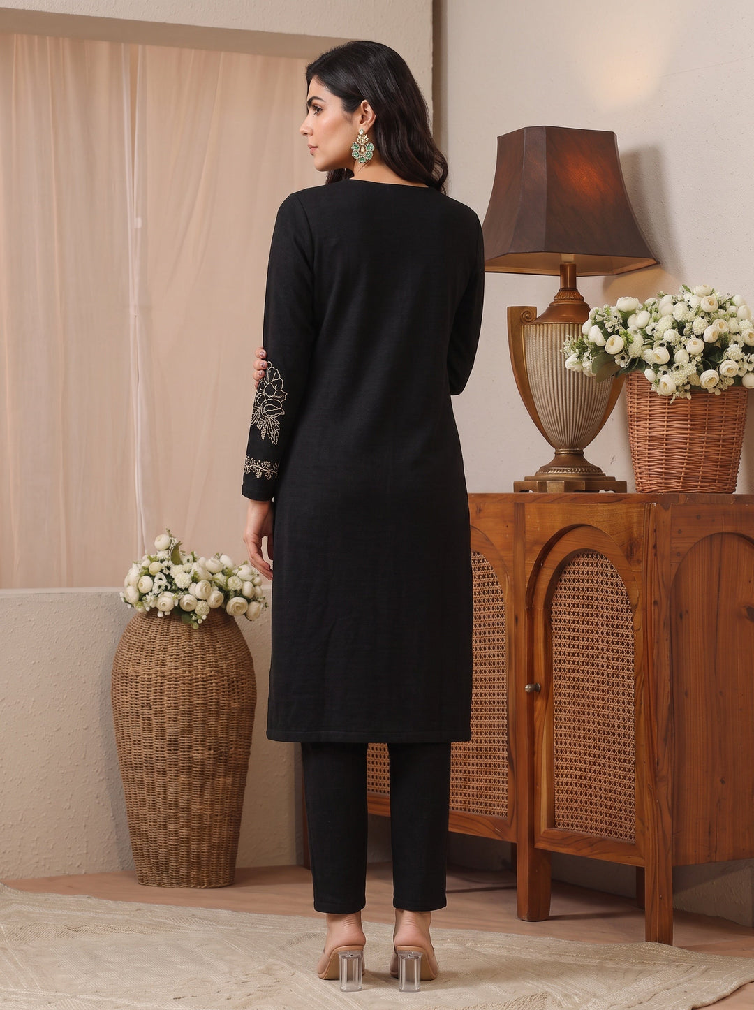  Libas Black Floral Embroidered Wool Straight Kurta 