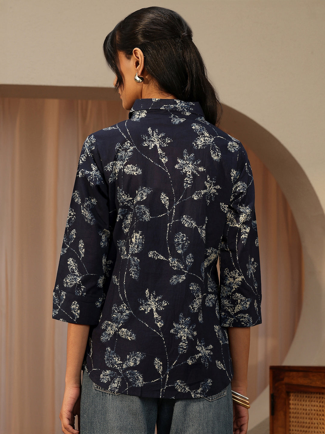  Navy Blue Floral Printed Cotton Shirt 