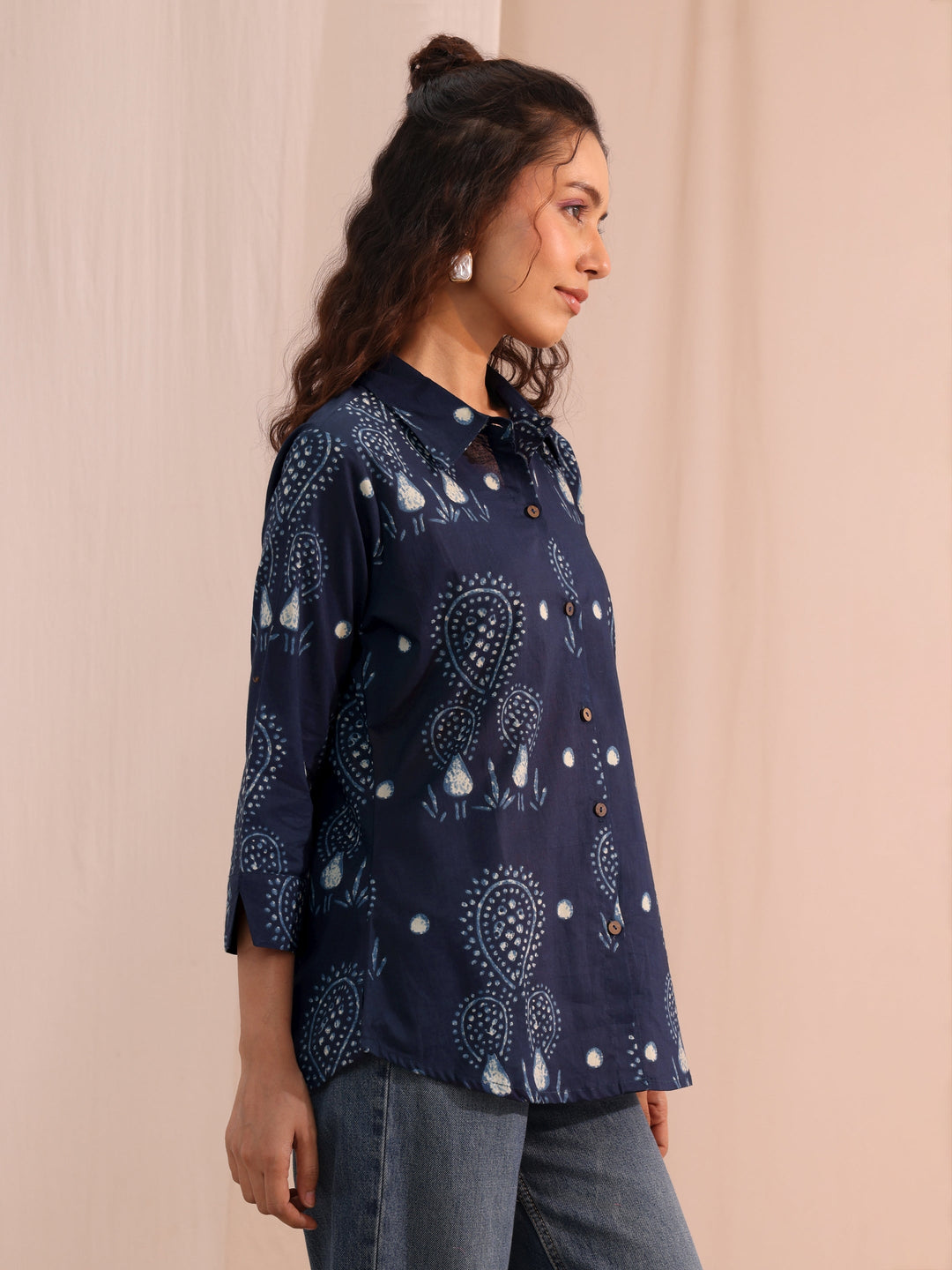  Blue Ethnic Printed Cotton Shirt 